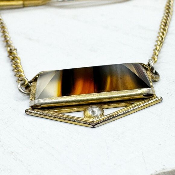 Montana Moss Agate Chain Tie Clip Tie Keeper Nu-Lok Vintage MCM Gold Tone - Picture 3 of 8